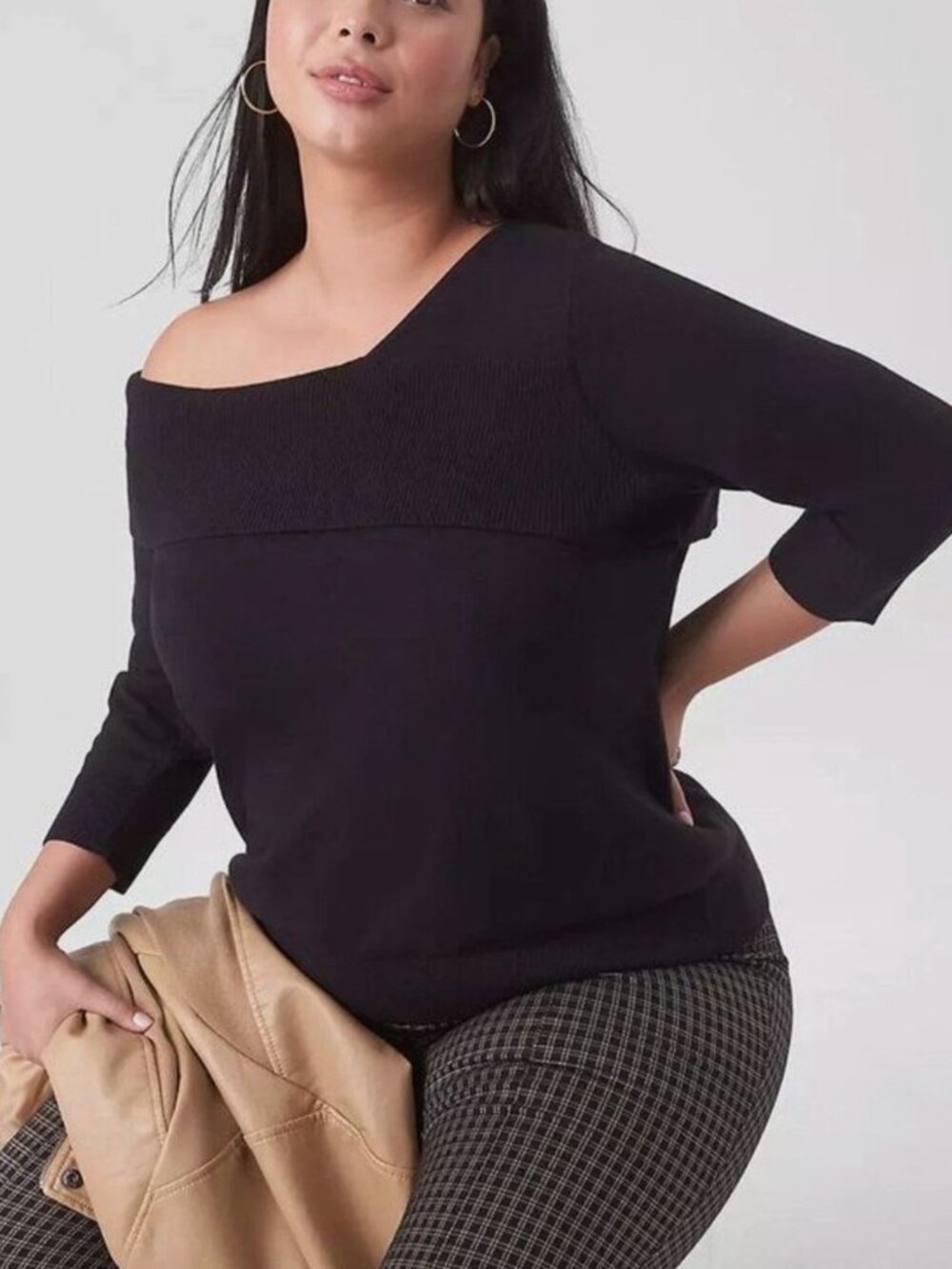 Lane Bryant Black Knit Sweater Asymmetrical Neckline 3/4 Sleeve 14/16